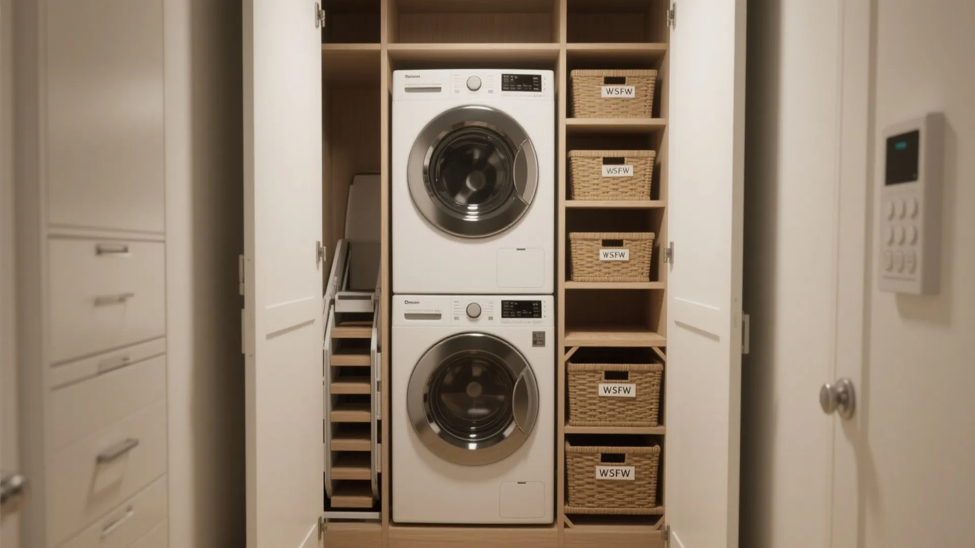 Open white closet with stacked washer dryer plus woven storage baskets and folding step ladder