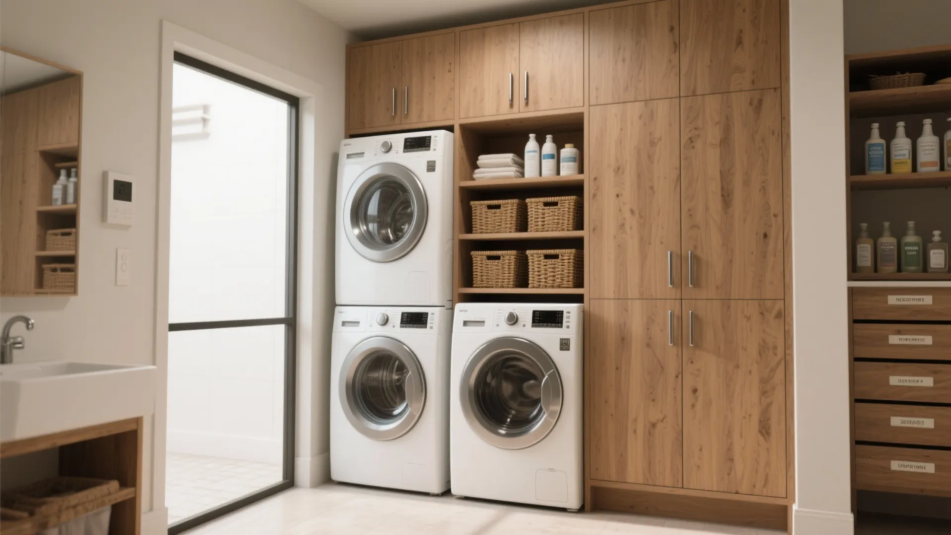 Modern laundry room with stacked white washing machines and wooden cabinets for storage and organization