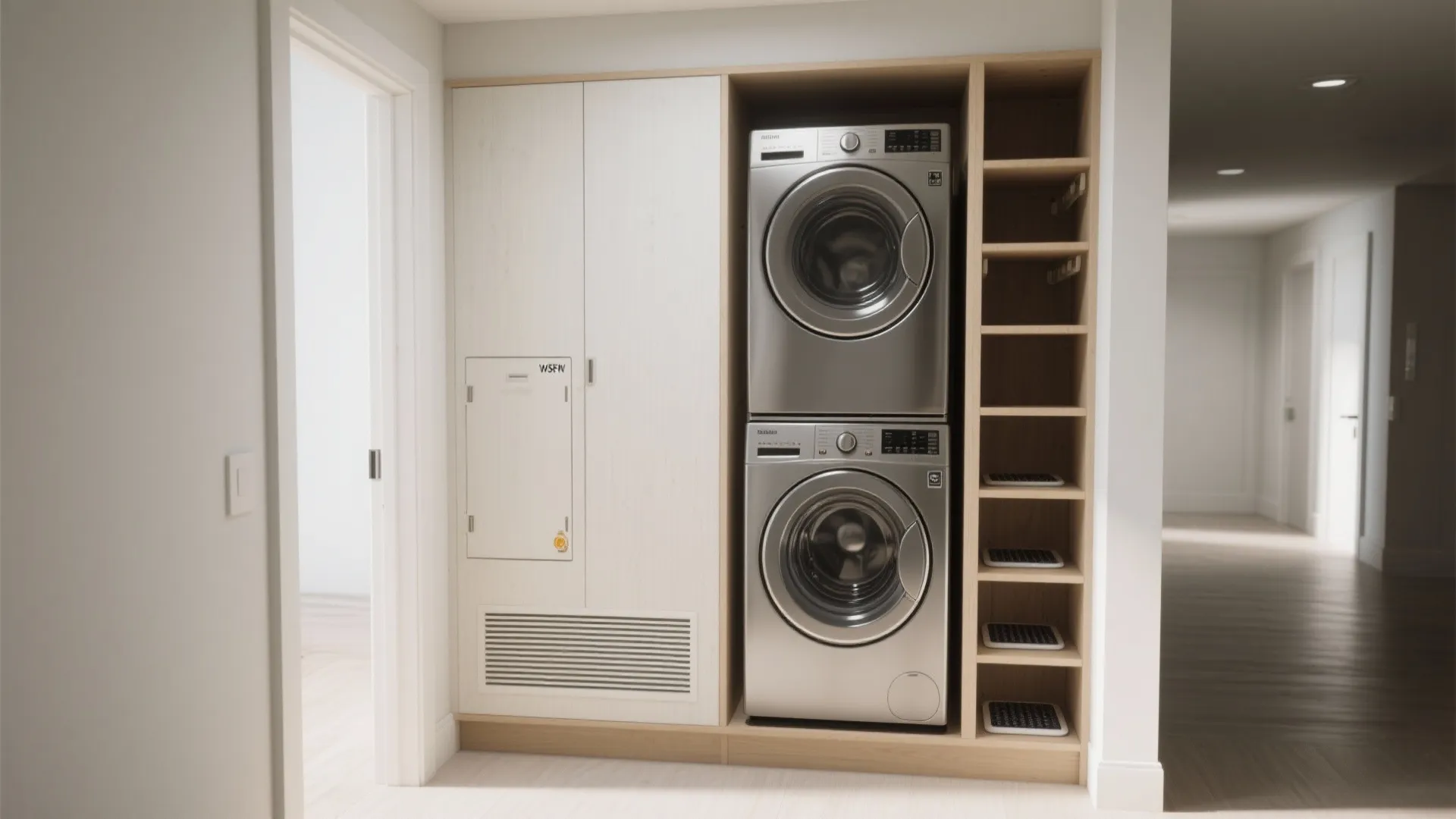 Laundry room featuring stacked silver washing machine and dryer inside a light wood custom storage cabinet