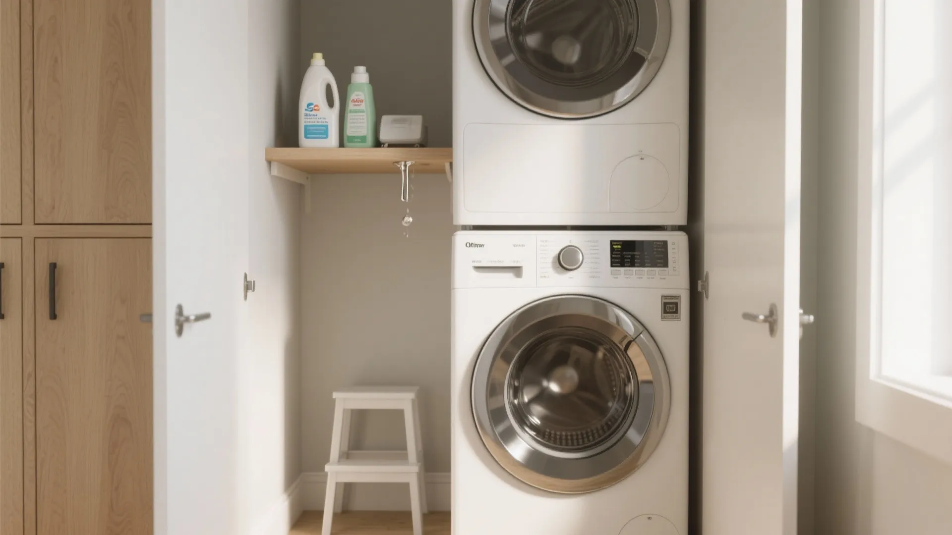 Stacked front-load washer and dryer with a shallow wooden shelf and step stool in a compact nook.