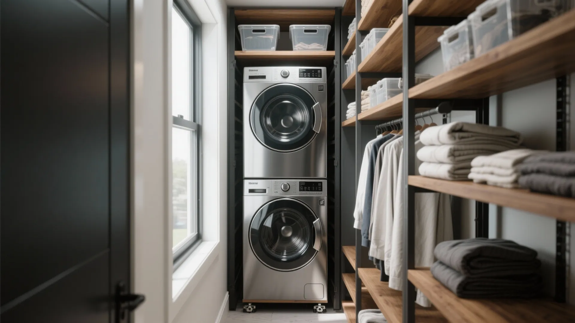 Narrow laundry space with stacked washing machine and dryer wooden shelves towels and storage bins