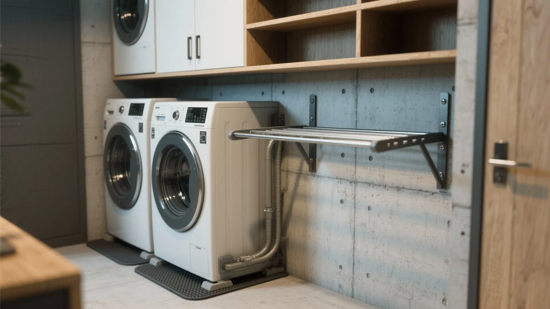 Modern laundry room with washing machines under wooden shelves and a metal wall drying rack