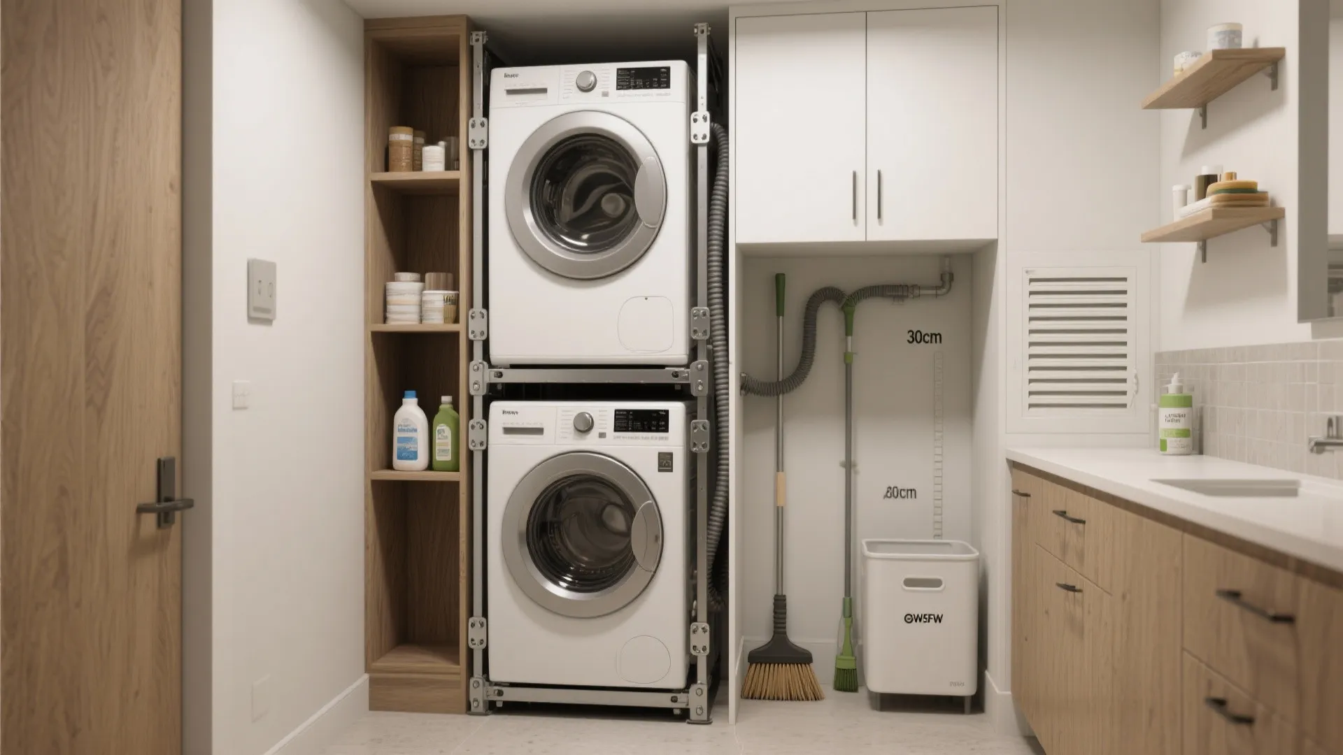 Stacked washer dryer in metal frame beside wooden shelves and white cabinet showing room measurements