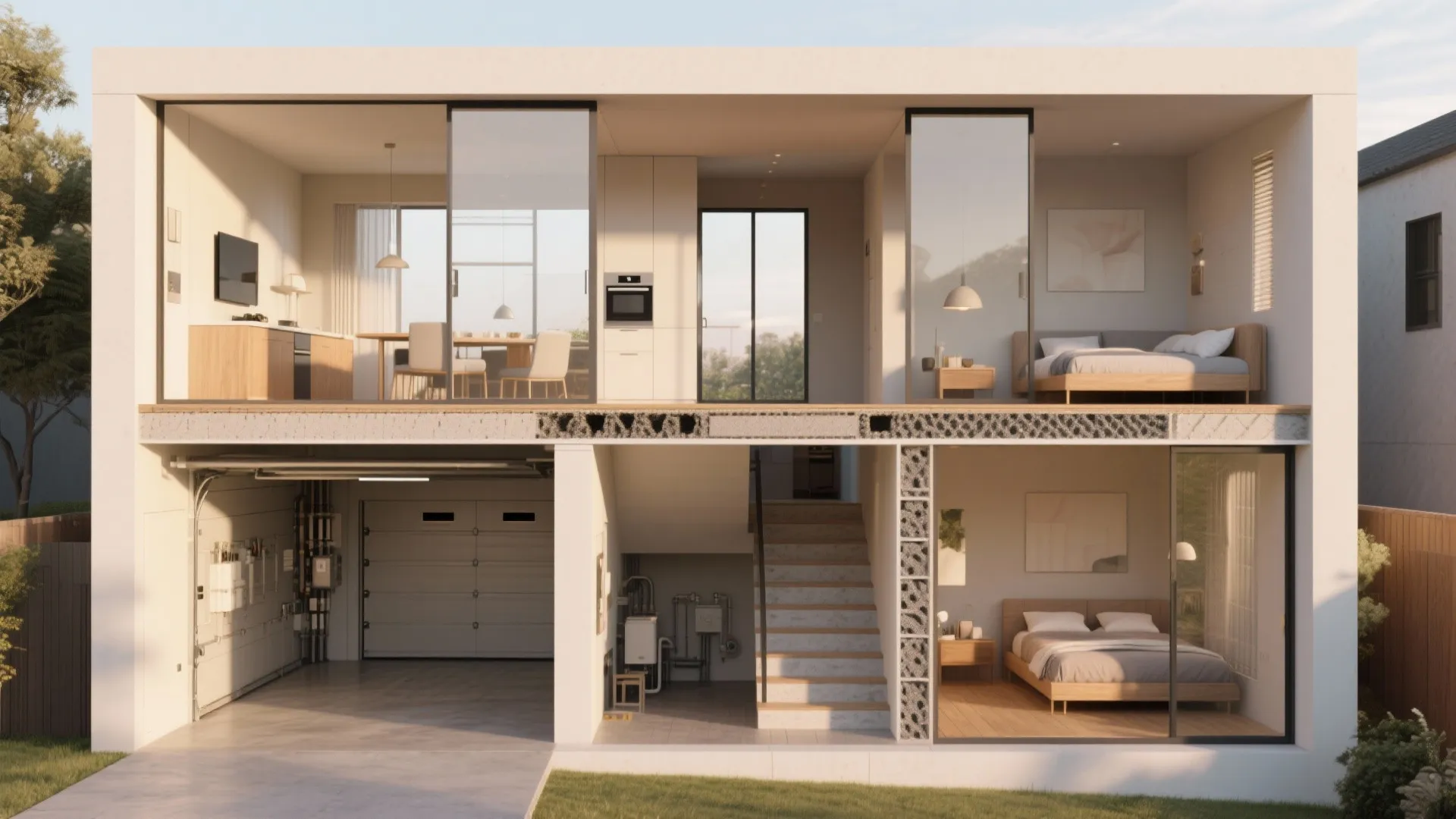 1. Stack vertically: garage below, living above