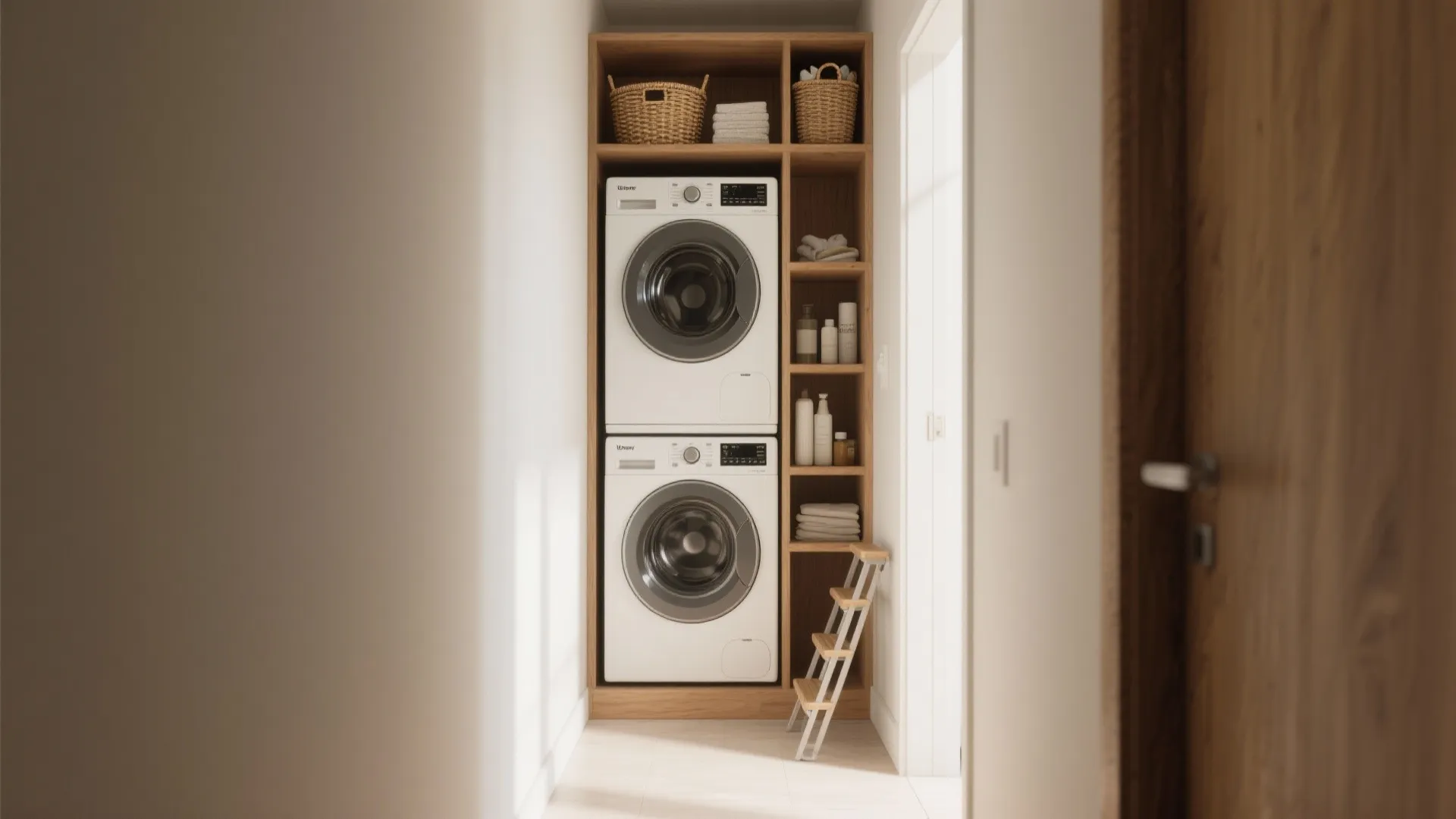 A stacked washer and dryer unit placed inside a wooden cabinet with shelves and baskets