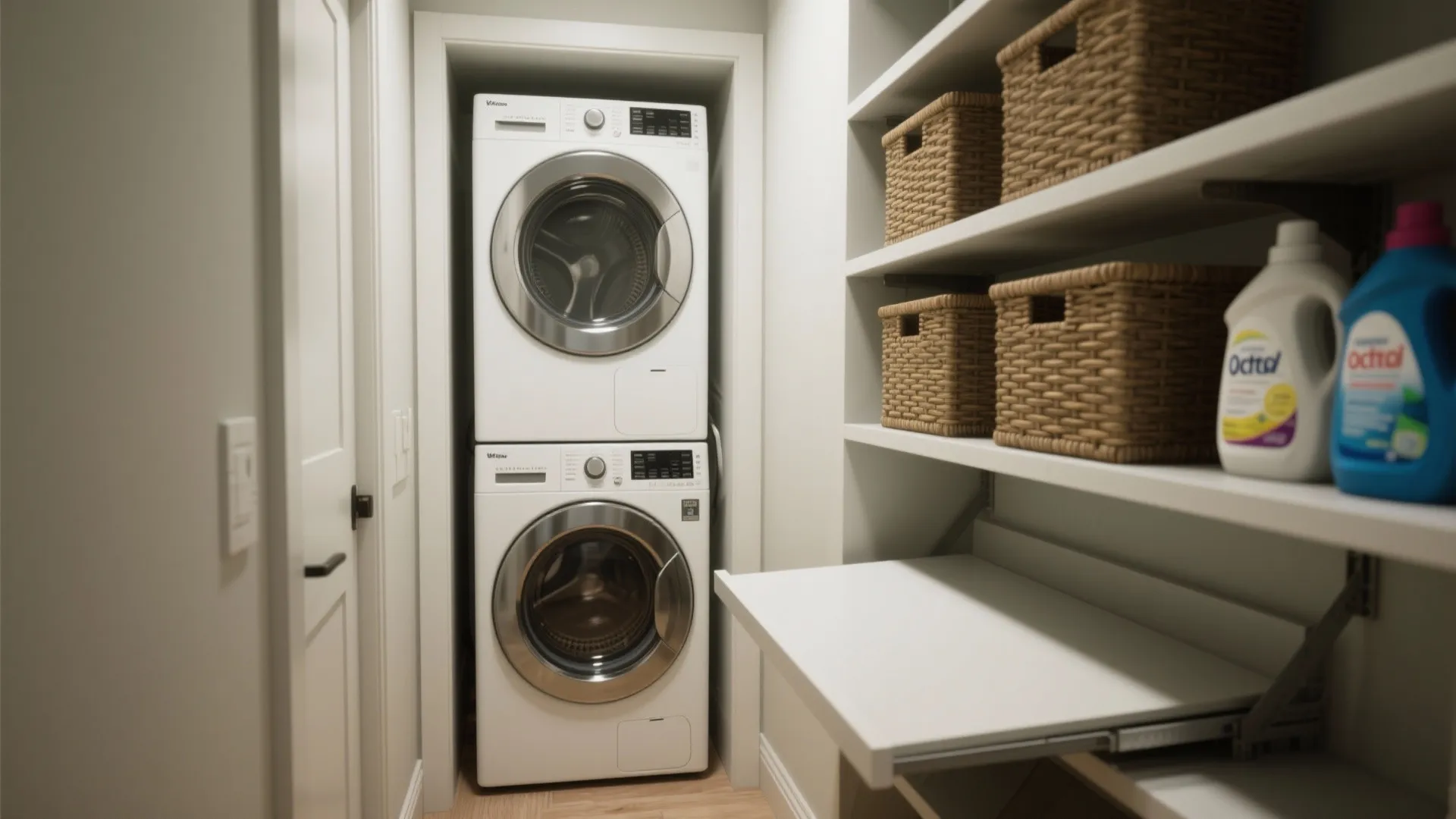 Small laundry closet with stacked washing machine white shelves woven storage baskets and pullout table