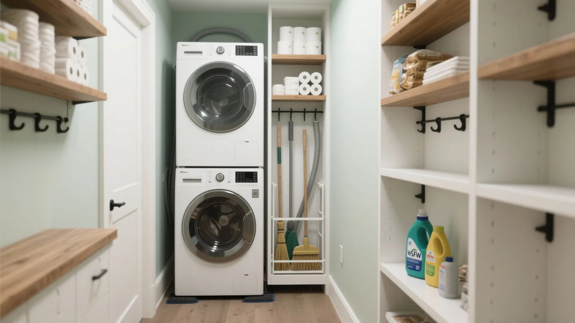 White stacked washer and dryer in laundry room with green walls and wooden open storage