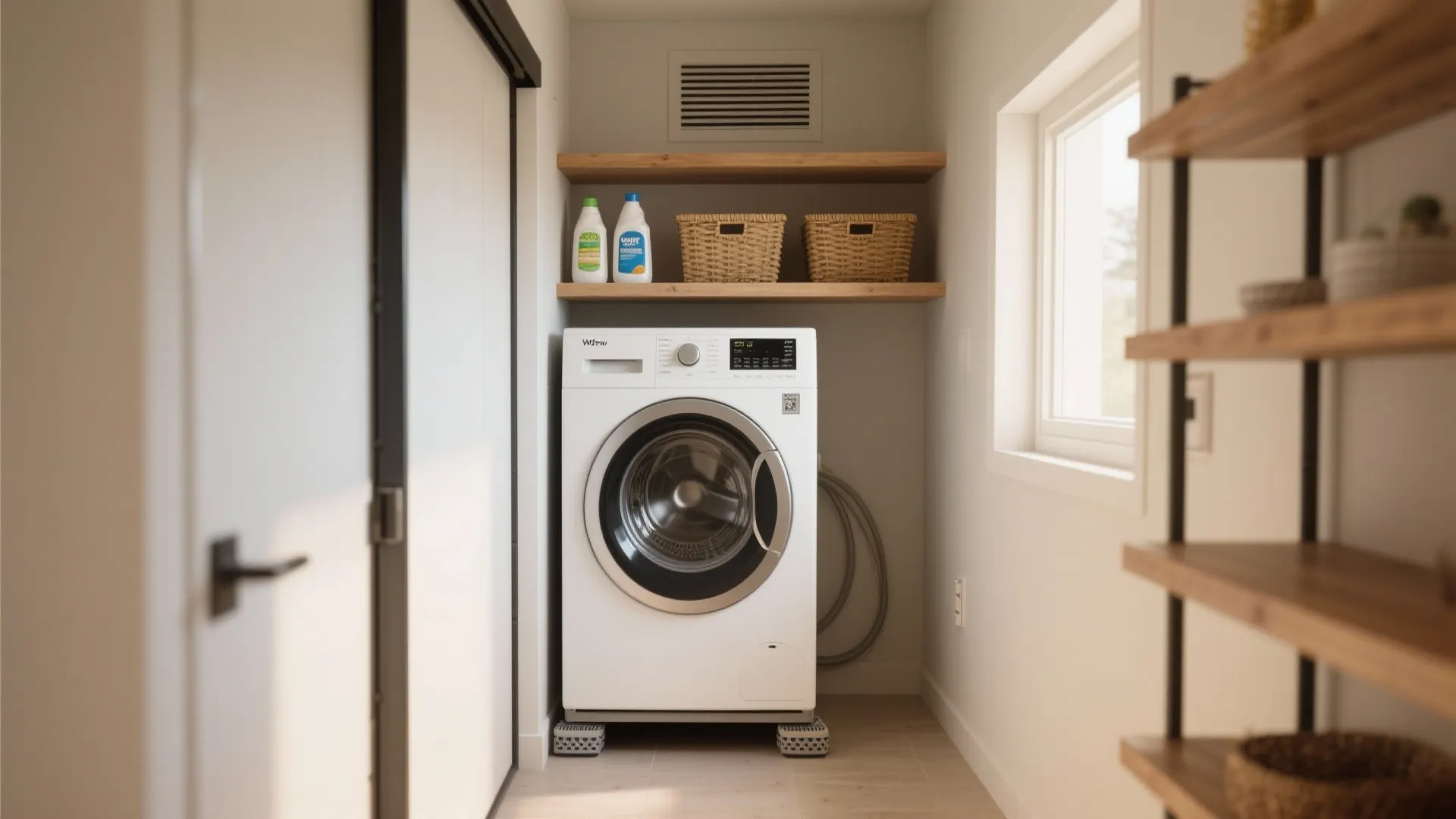 Stackable washer and dryer in an alcove with open shelves and a sliding pocket door.