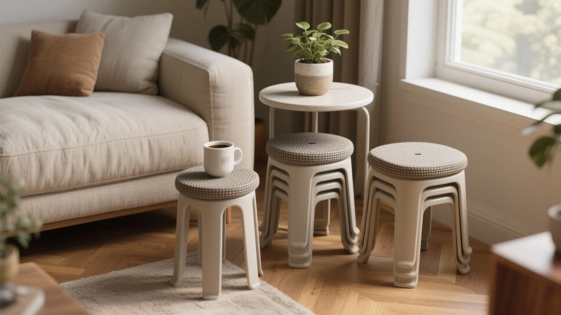 Modern stackable plastic stools used as small side tables in a living room with sofa