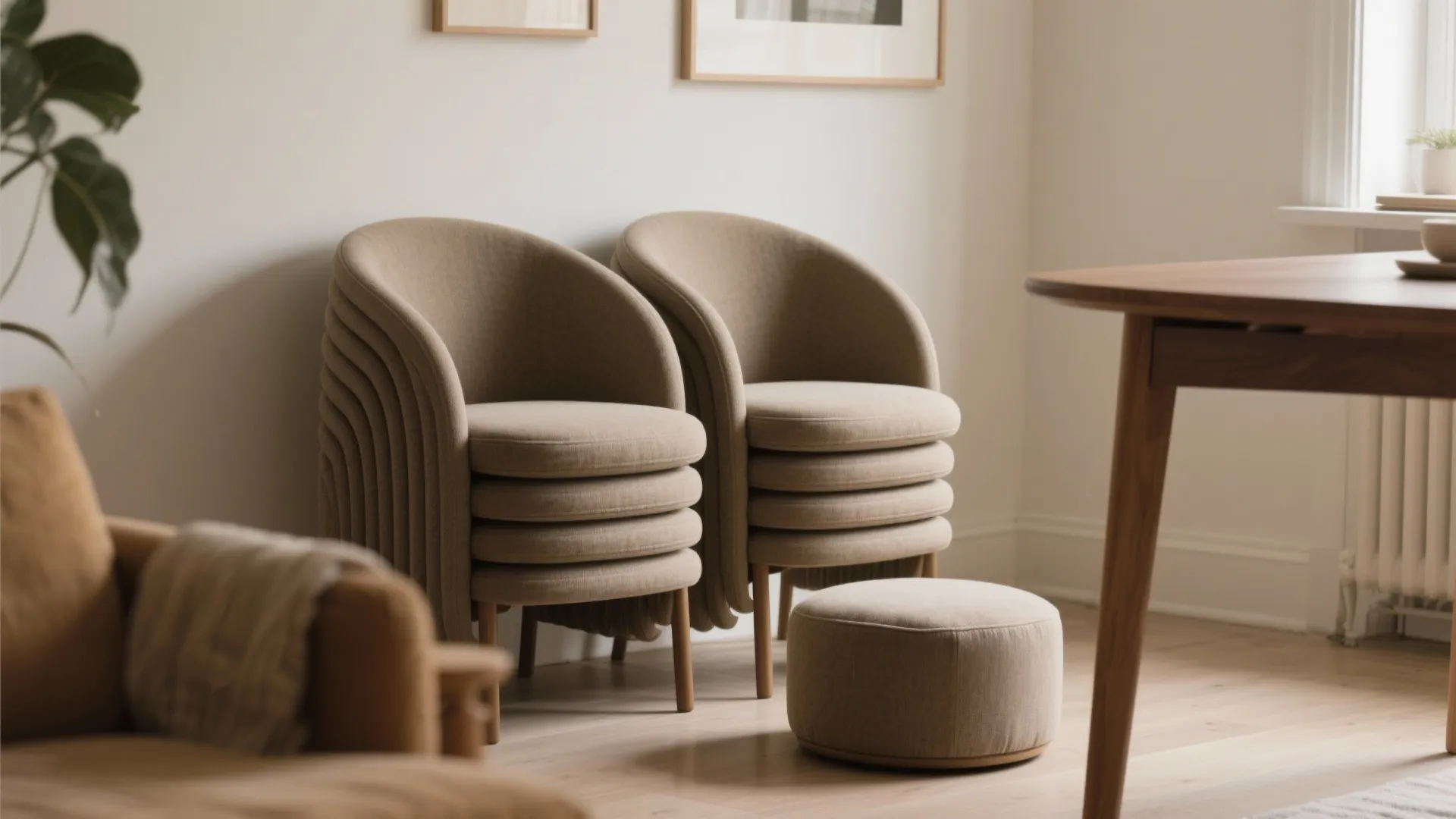 Pair of tapered barrel chairs shown stacked and unstacked in a compact dining-living area to illustrate storage and seating modes.