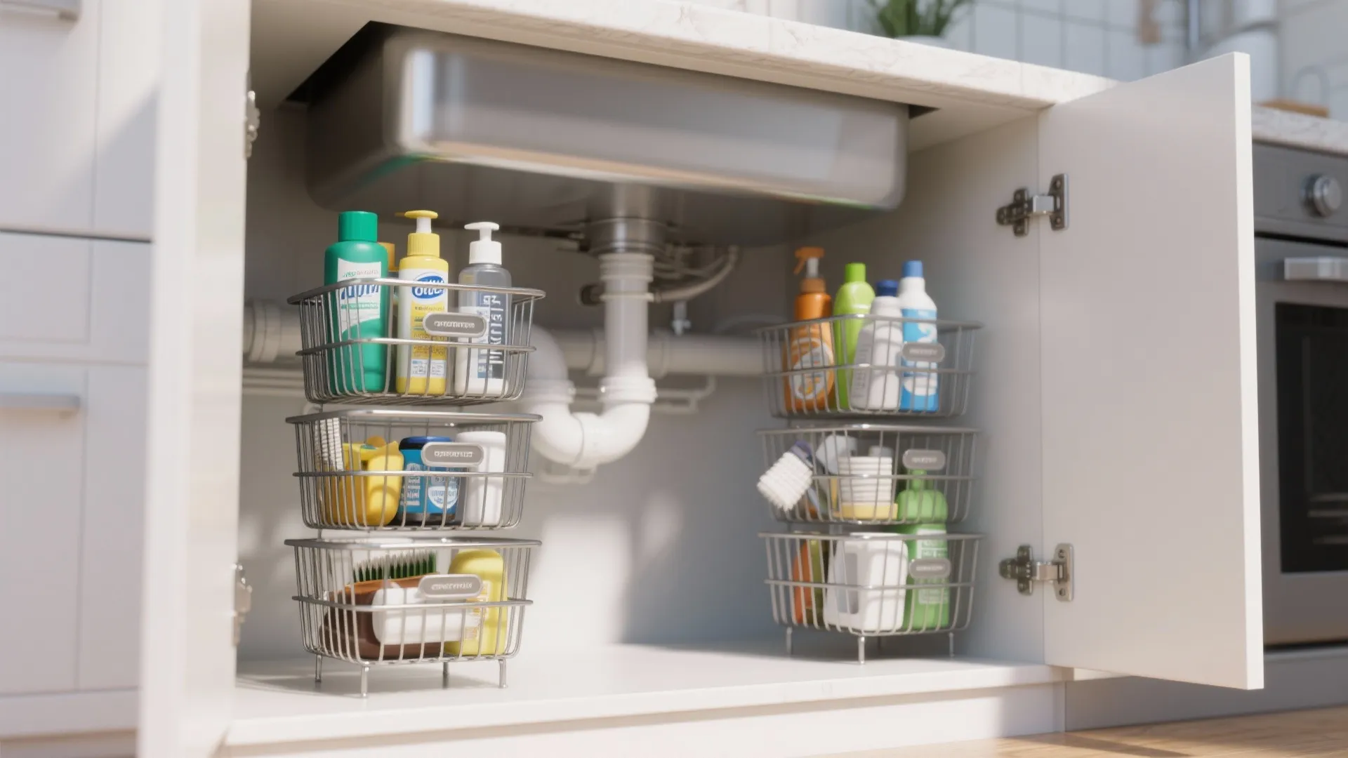 Stackable baskets for vertical under-sink storage