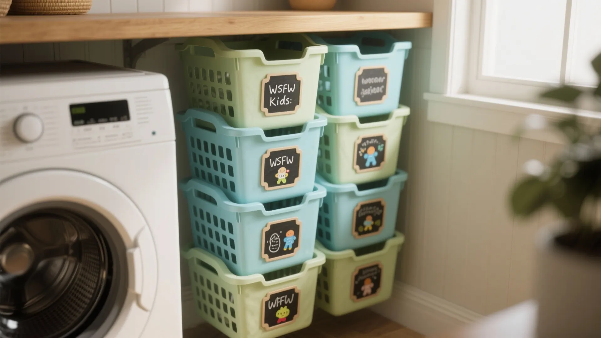 2. Stackable Baskets with Labels