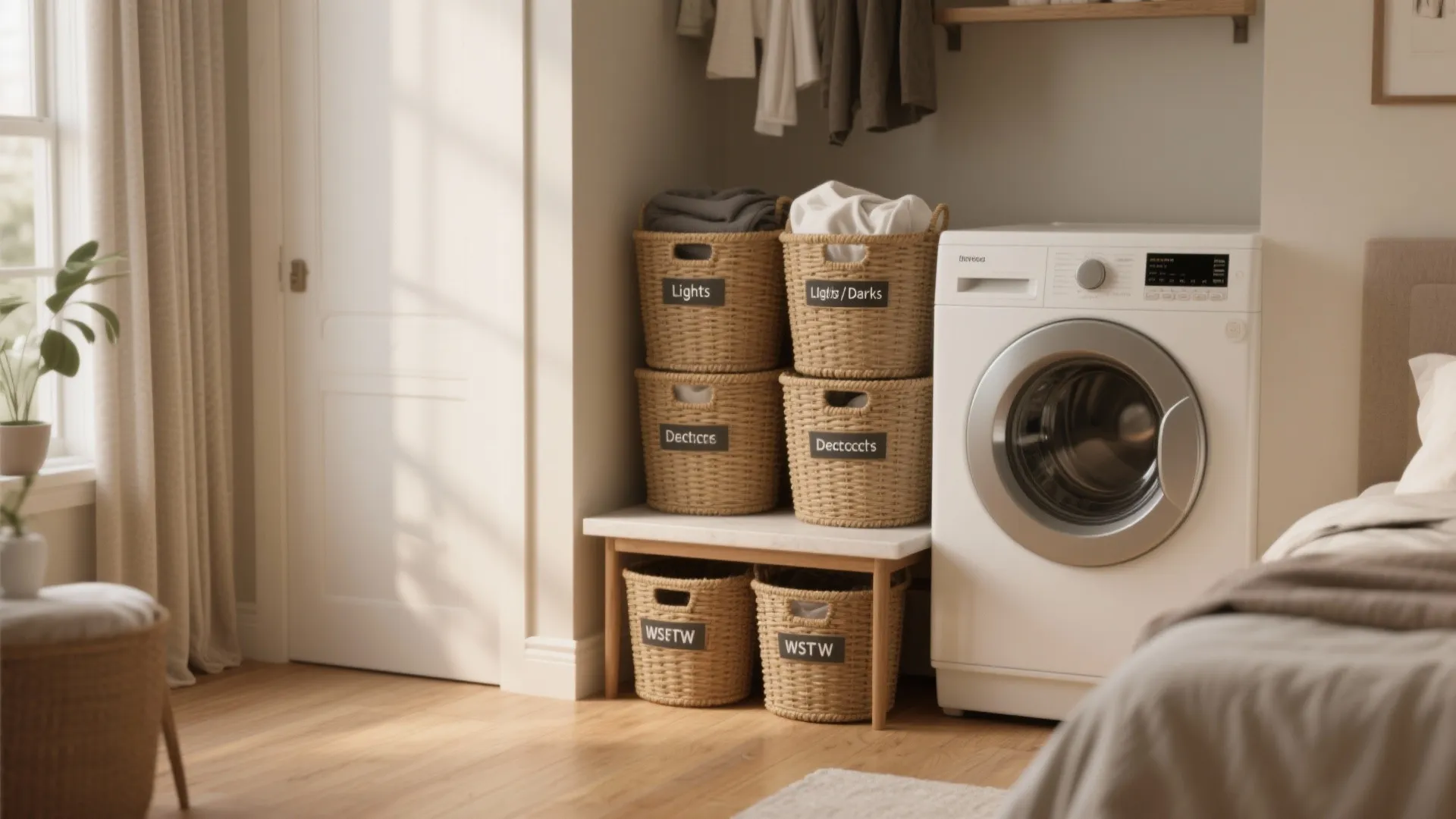 Six woven laundry baskets with labels stacked on a wooden bench next to washing machine