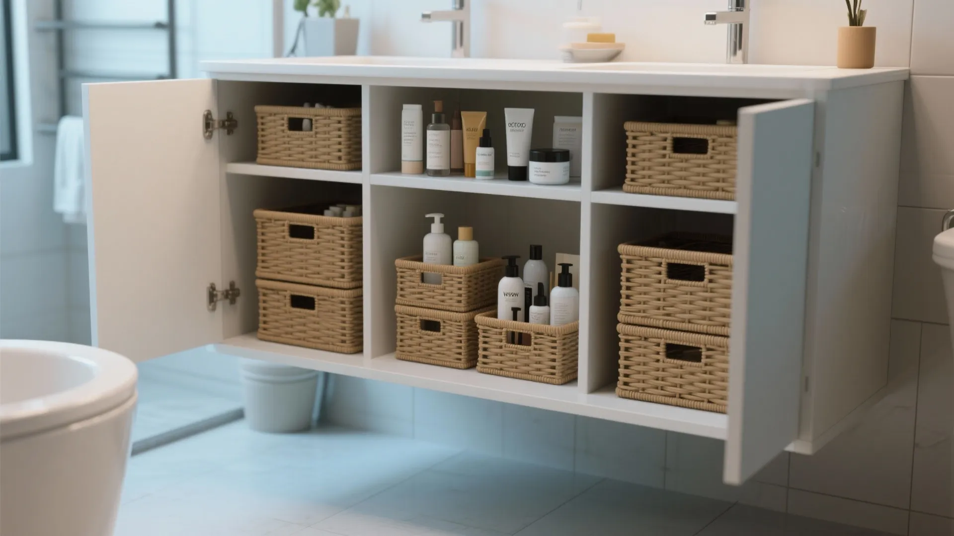 10. Stackable Baskets Under Open Vanities