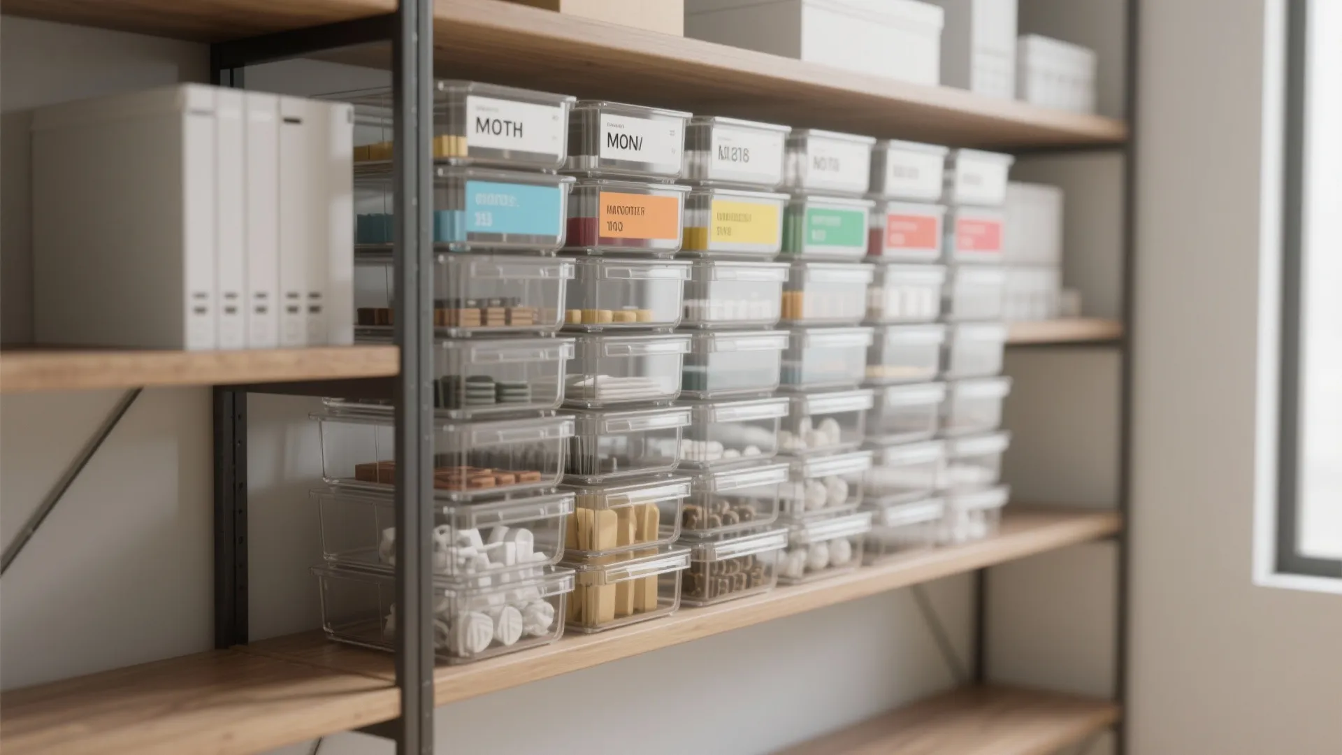 Clear plastic storage containers with labels organized on wooden shelves for efficient home office storage