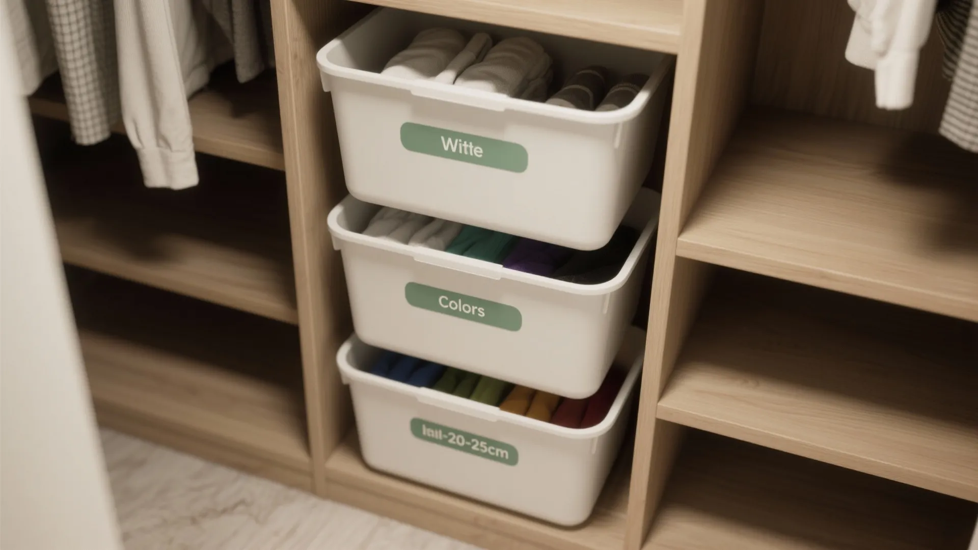 Three white plastic storage bins with green labels inside a wooden closet for organizing folded clothes