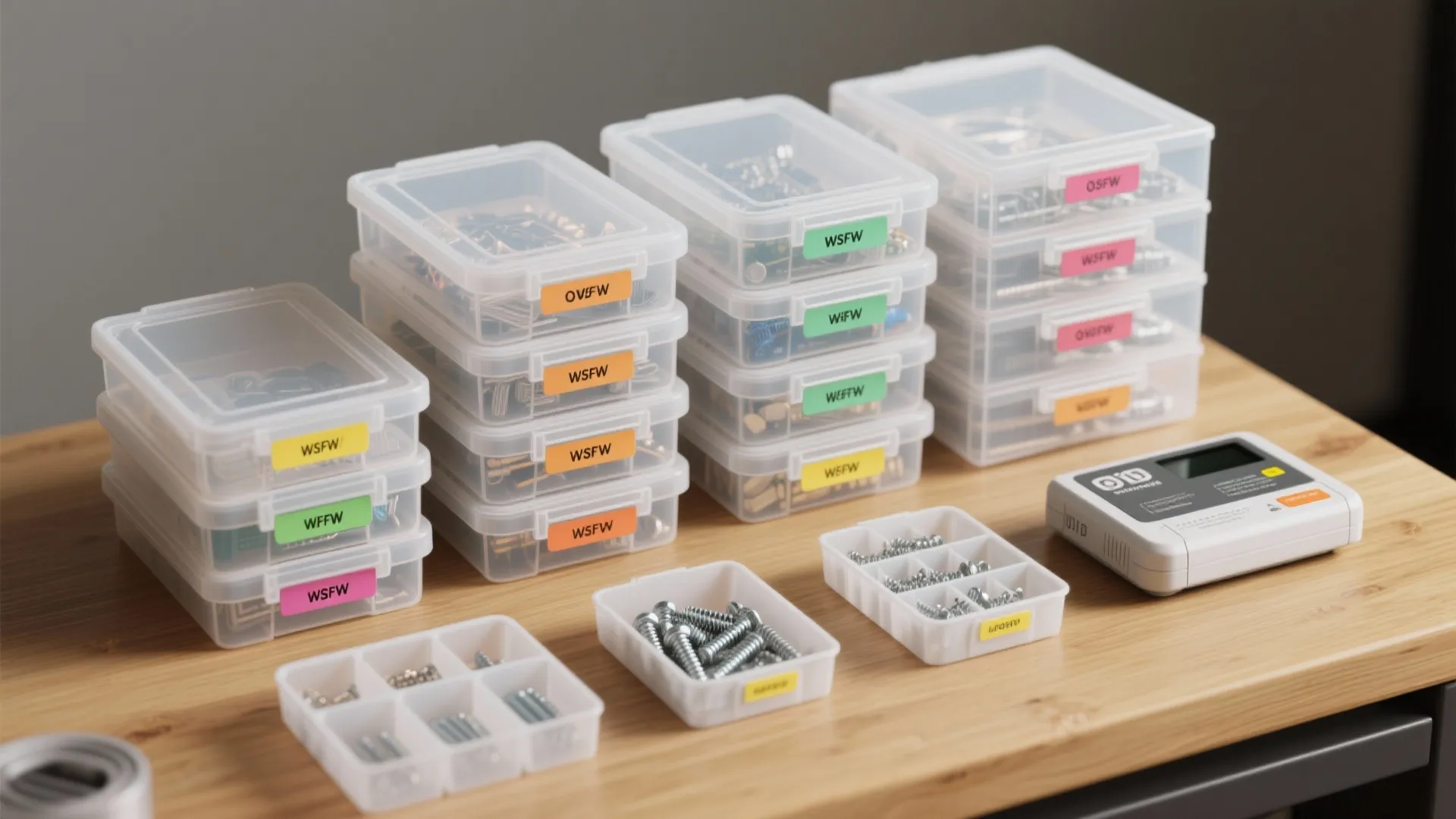 Clear plastic storage boxes with colorful labels holding screws and hardware on a wood table