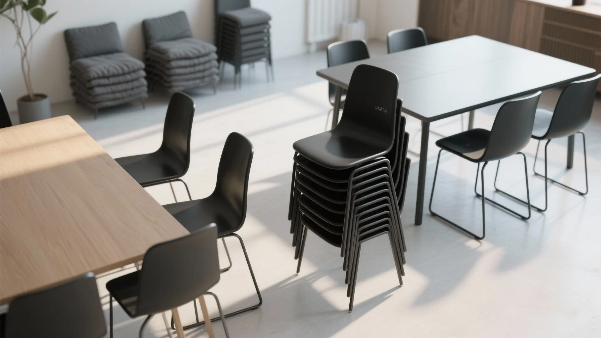 5. Stackable black chairs for flexible dining