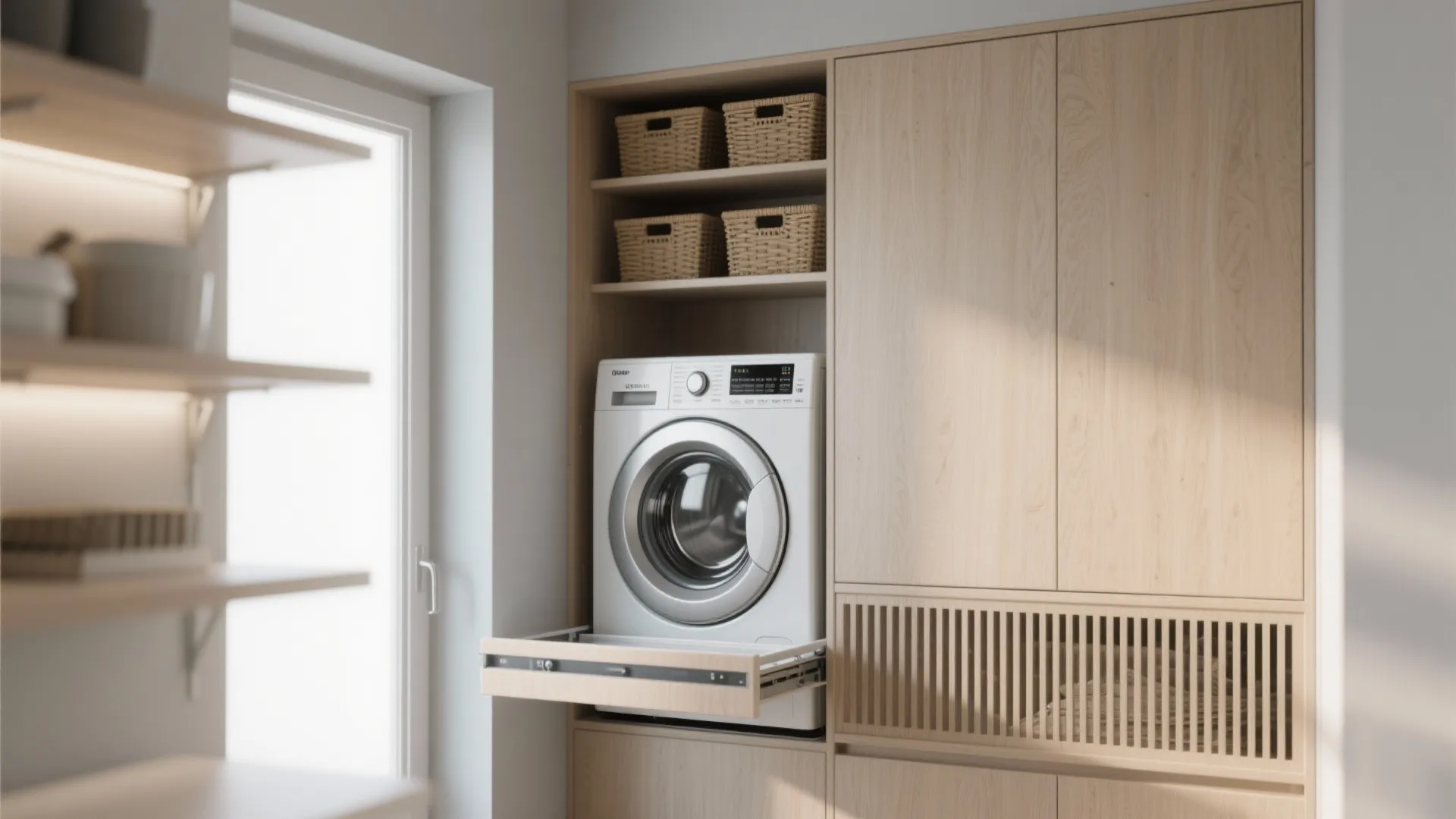Modern wood cabinet featuring a white washing machine pull out tray and straw storage baskets