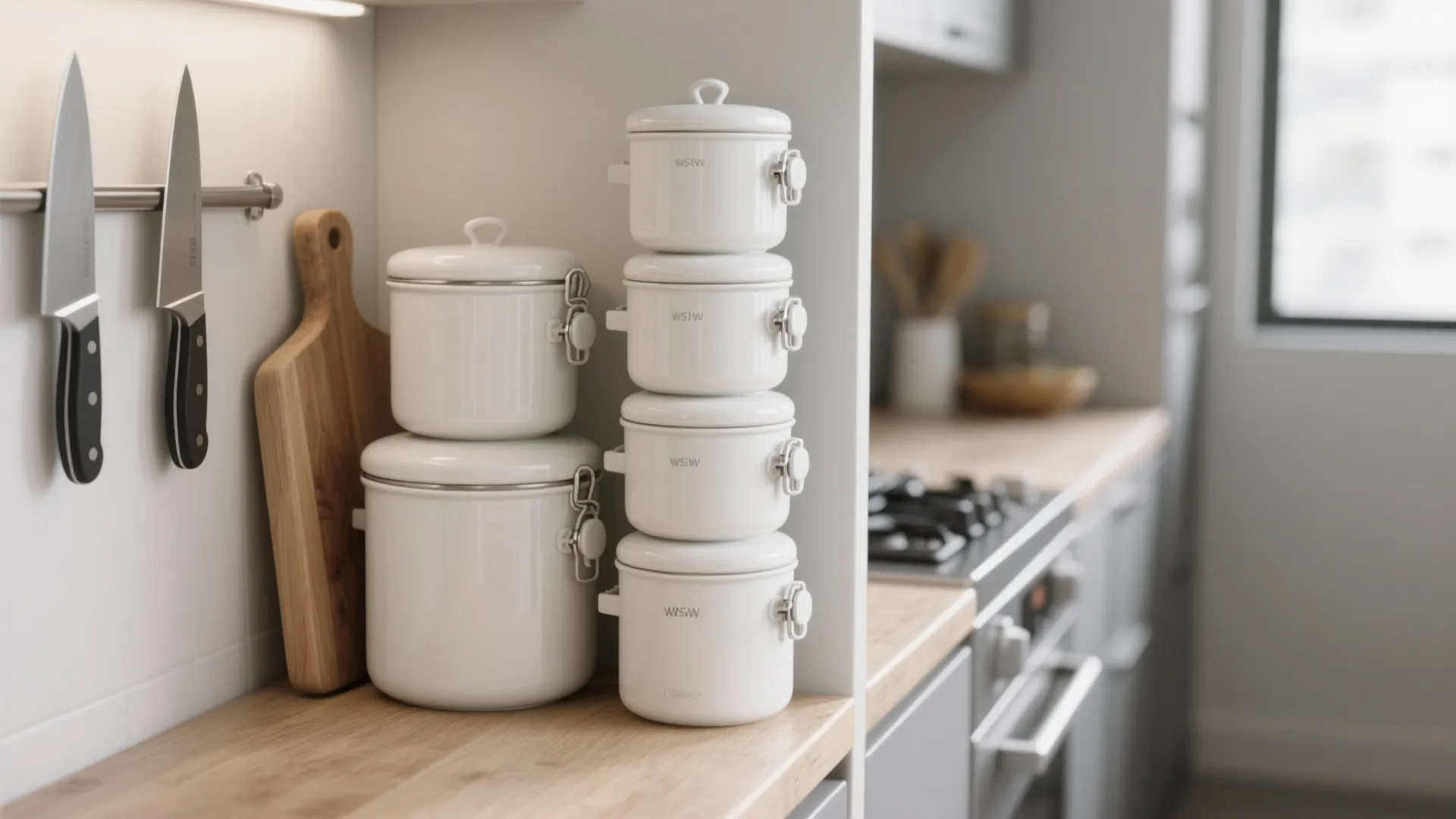 1. Stackable white canisters to reclaim counter space