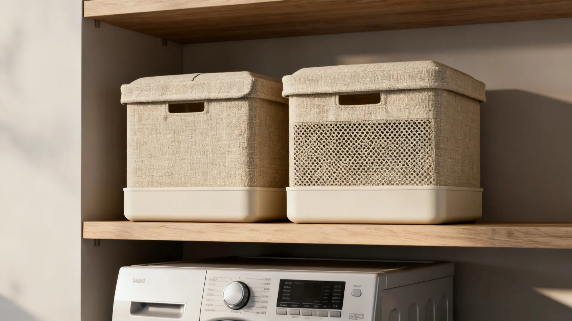 Stackable canvas laundry baskets with rigid bases stored on a high shelf above a washer.