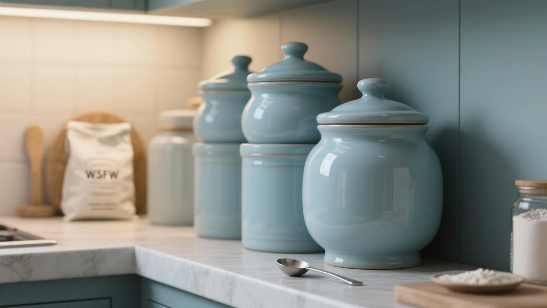 Light blue ceramic kitchen storage jars on white marble countertop with a small silver spoon