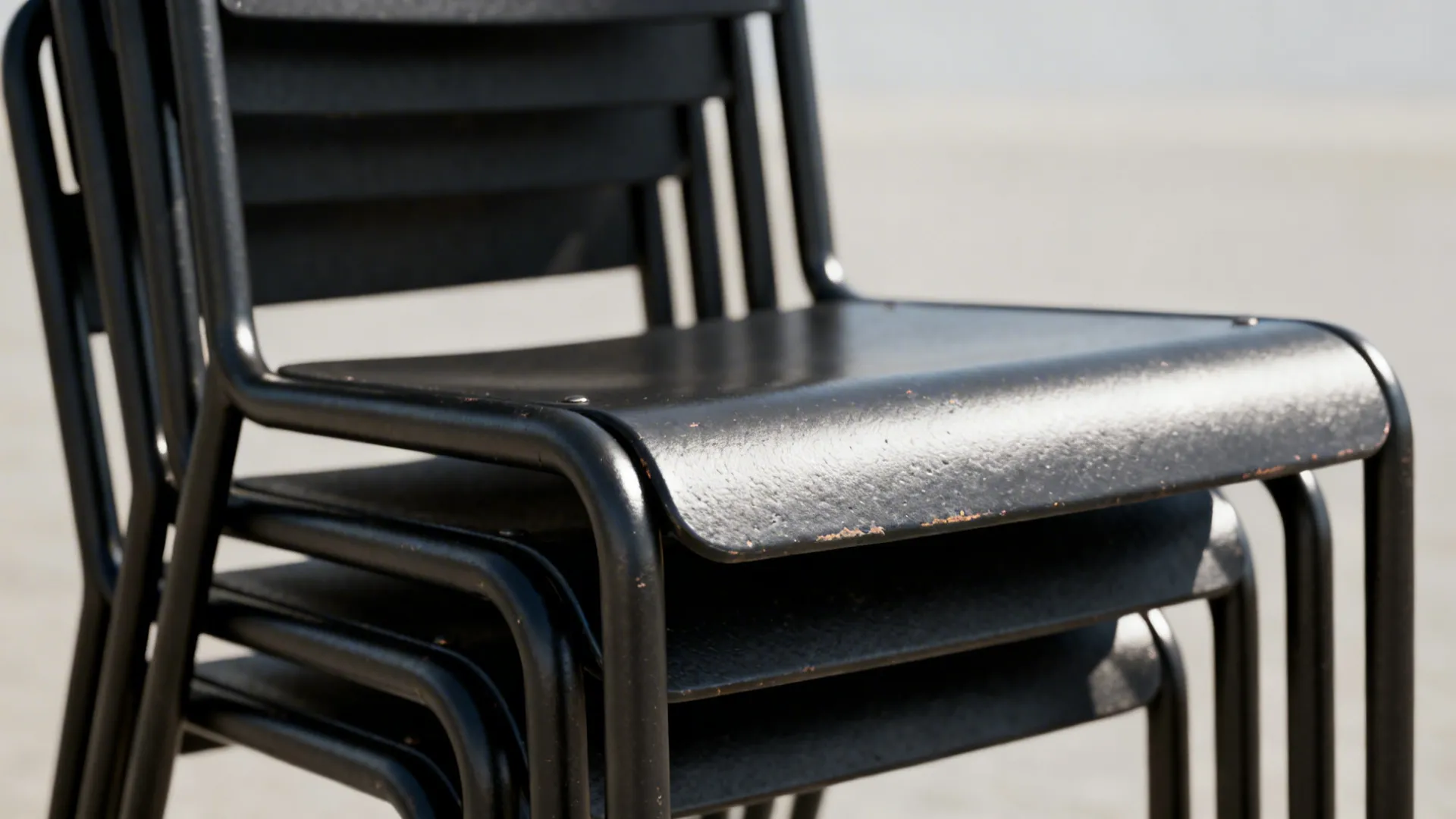 Close up of several black metal chairs stacked on top of each other in room