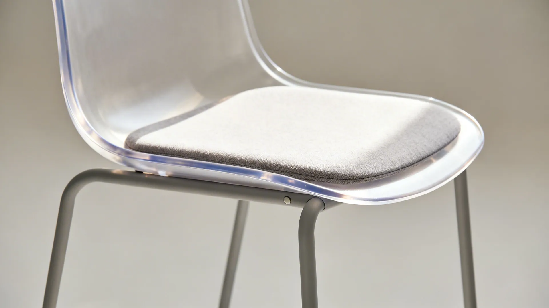 Close-up of a translucent stackable chair with a slim frame and cushion.