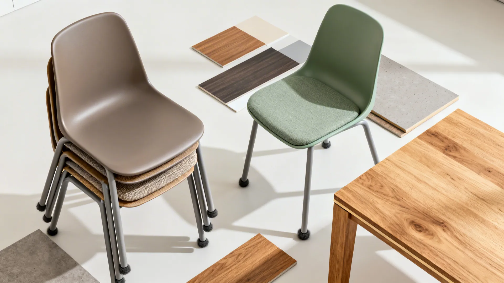 Top-down flat lay of stackable chair materials: polypropylene shells, powder-coated frames, felt pads, and laminate swatches.