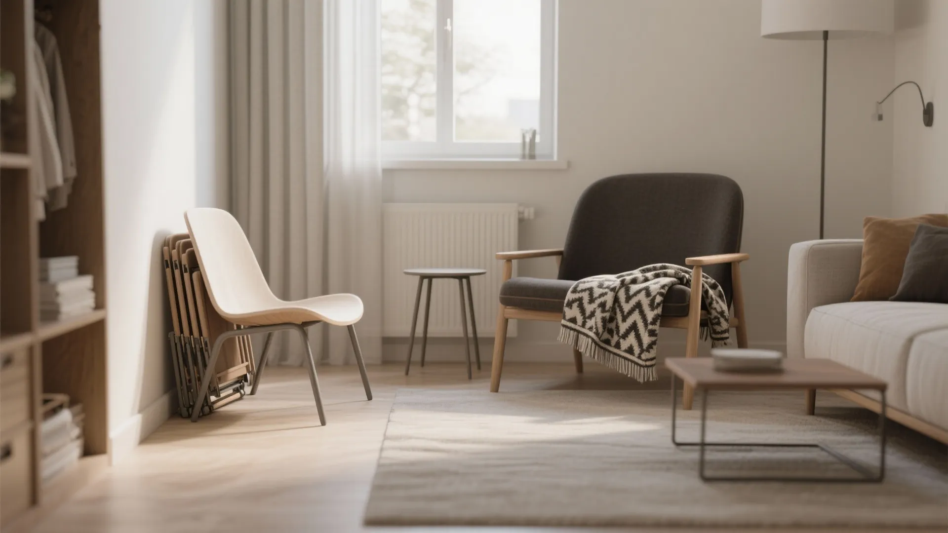 Stacked wooden chairs and single chair in living room with dark armchair and small table