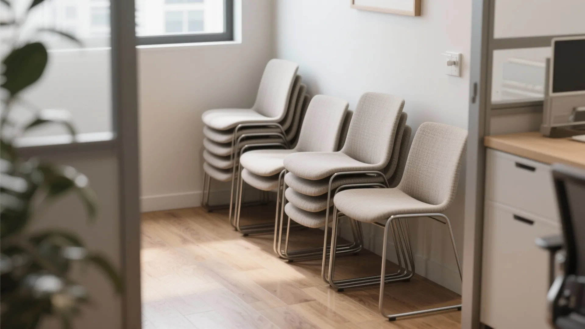 Rows of beige fabric chairs with metal legs stacked against a white wall in an office