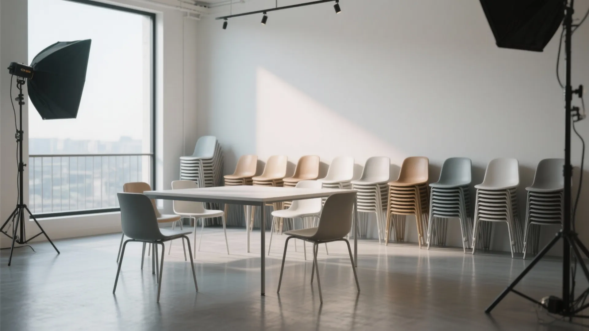 Studio scene with lightweight stackable armless chairs stacked and in use, showing flexible seating.