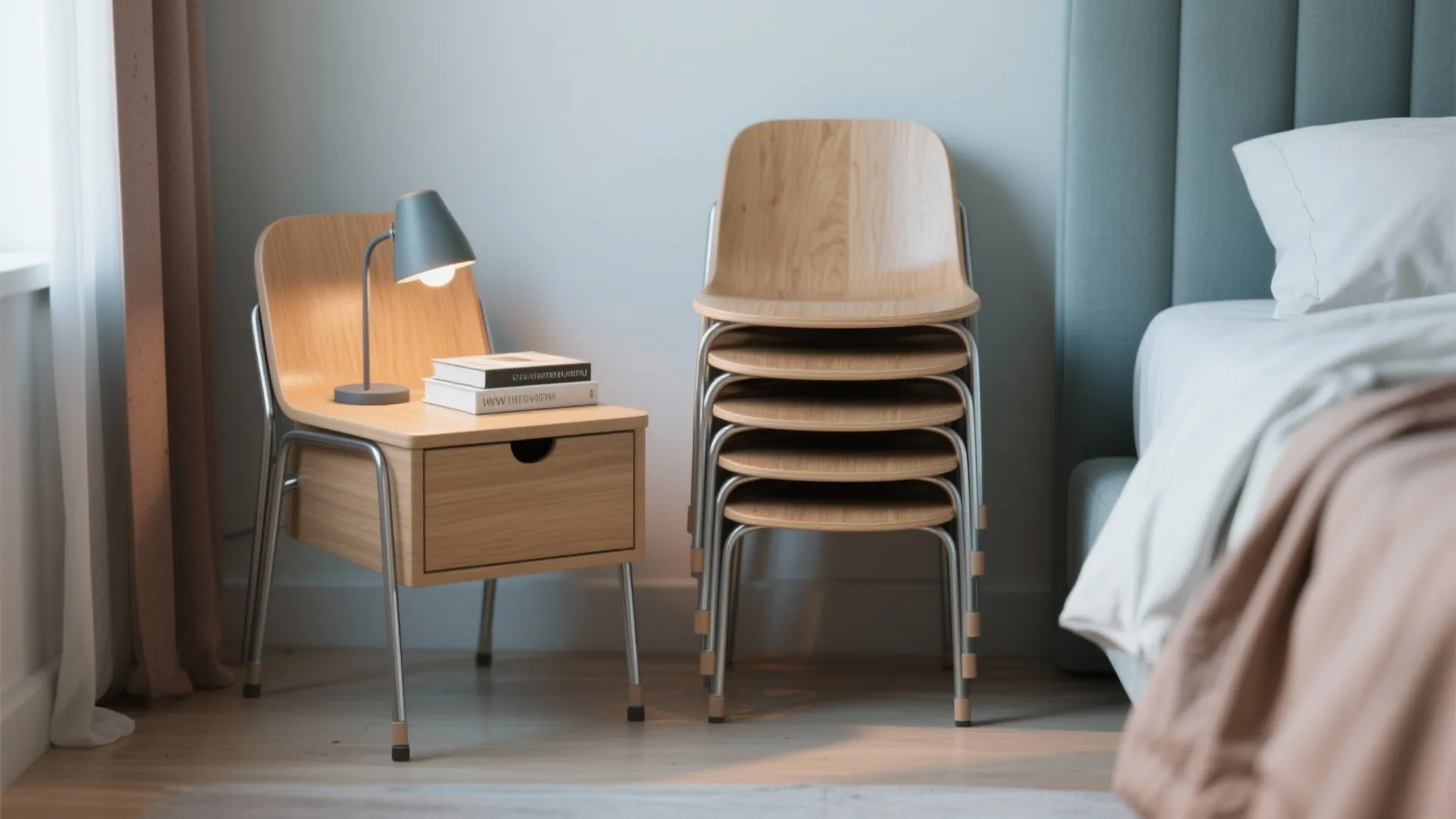 Stackable nesting chairs with one used as a bedside table in a small bedroom