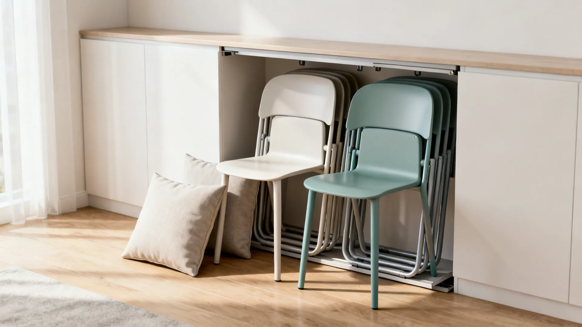 Stackable accent chairs stored under a slim console in a multipurpose living room.