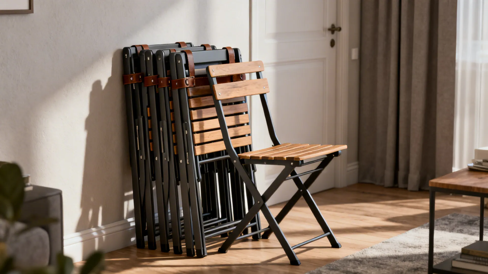 Stack of wooden folding chairs with black metal frames leaning against a white wall door