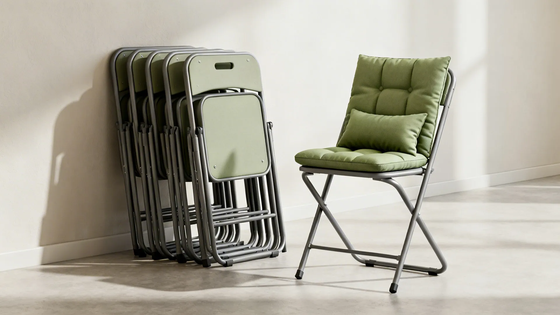 Stackable folding chairs stored against a wall and one set up with a removable padded cushion.