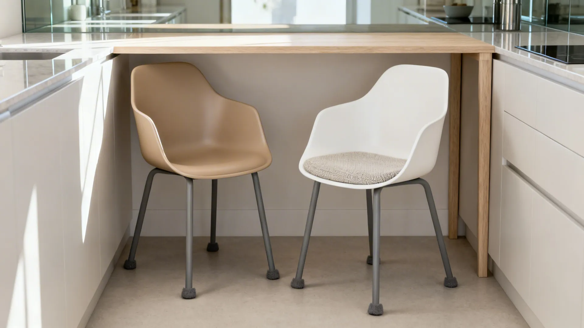 Beige and white chairs with a grey cushion under a wood kitchen breakfast dining counter