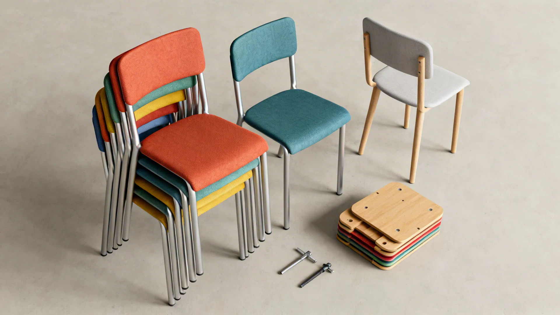 Top-down flatlay of stackable and modular chair components and fabric samples for small-space solutions.