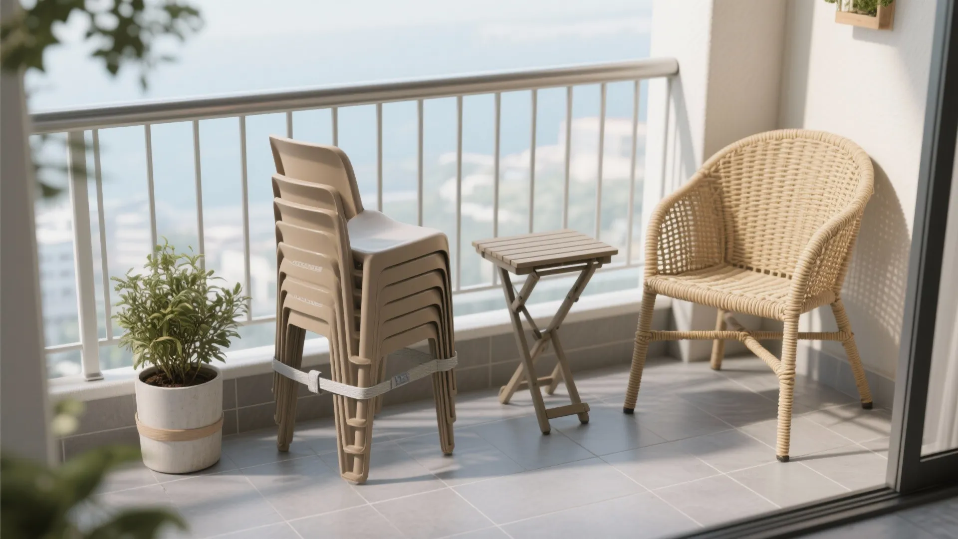 5) Stackable chairs in mixed materials for seasonal flexibility