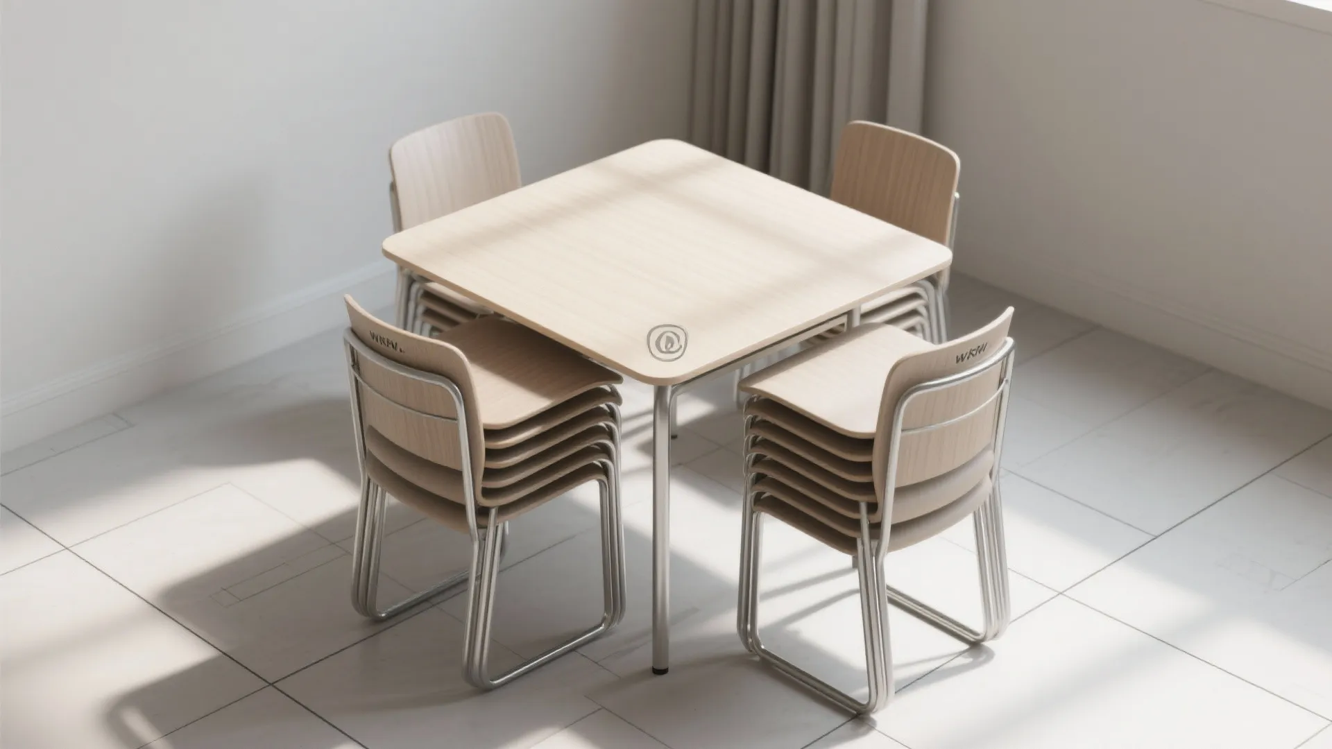 Top-down view of a small square table with stackable chairs nested and pulled out to show adaptable seating.