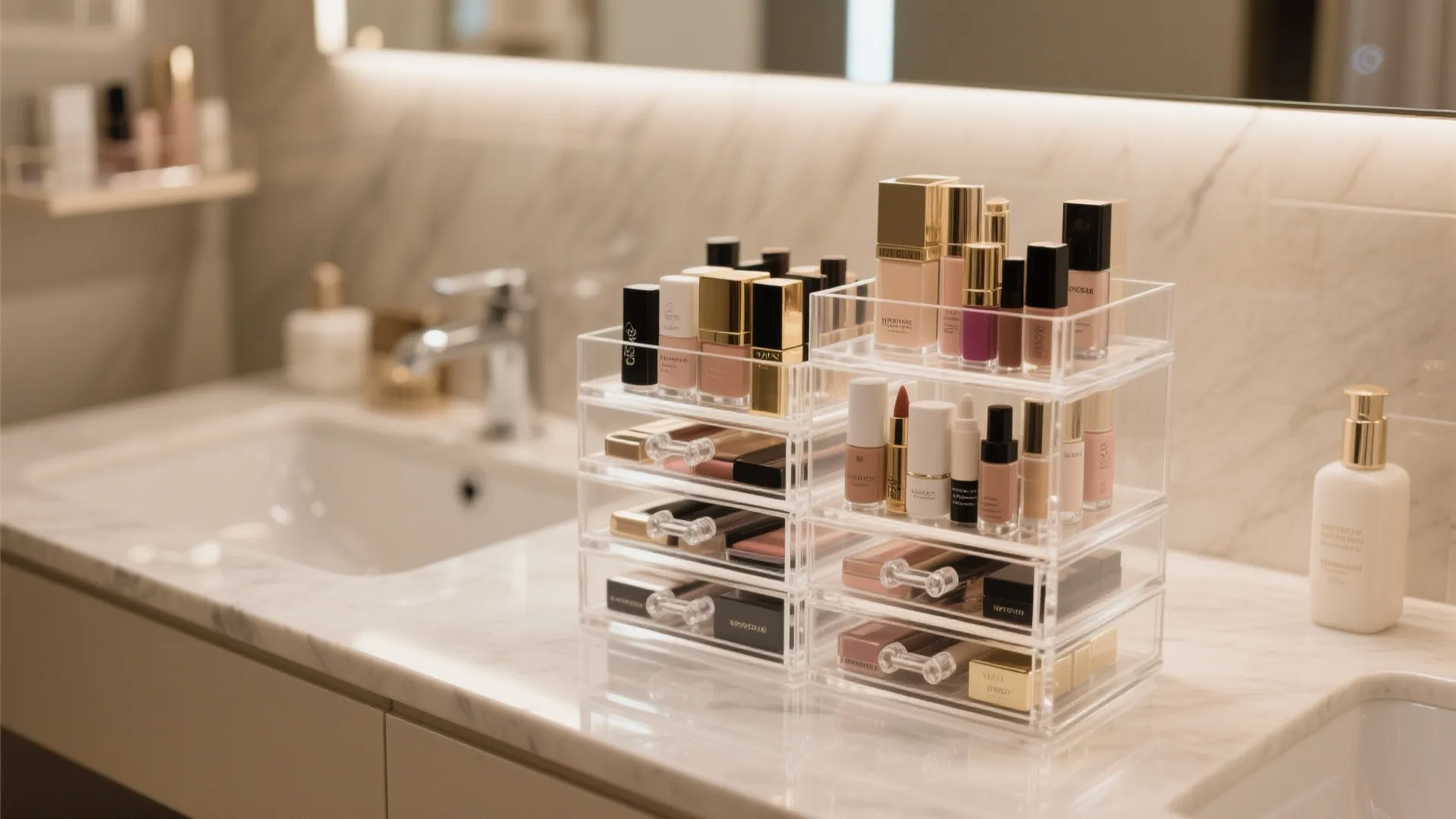 Clear plastic makeup storage boxes sitting on a marble bathroom counter next to a sink