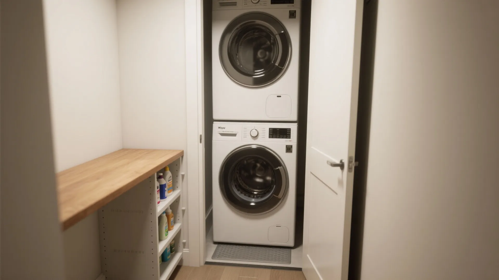1. Stackable washer-dryer inside a shallow closet