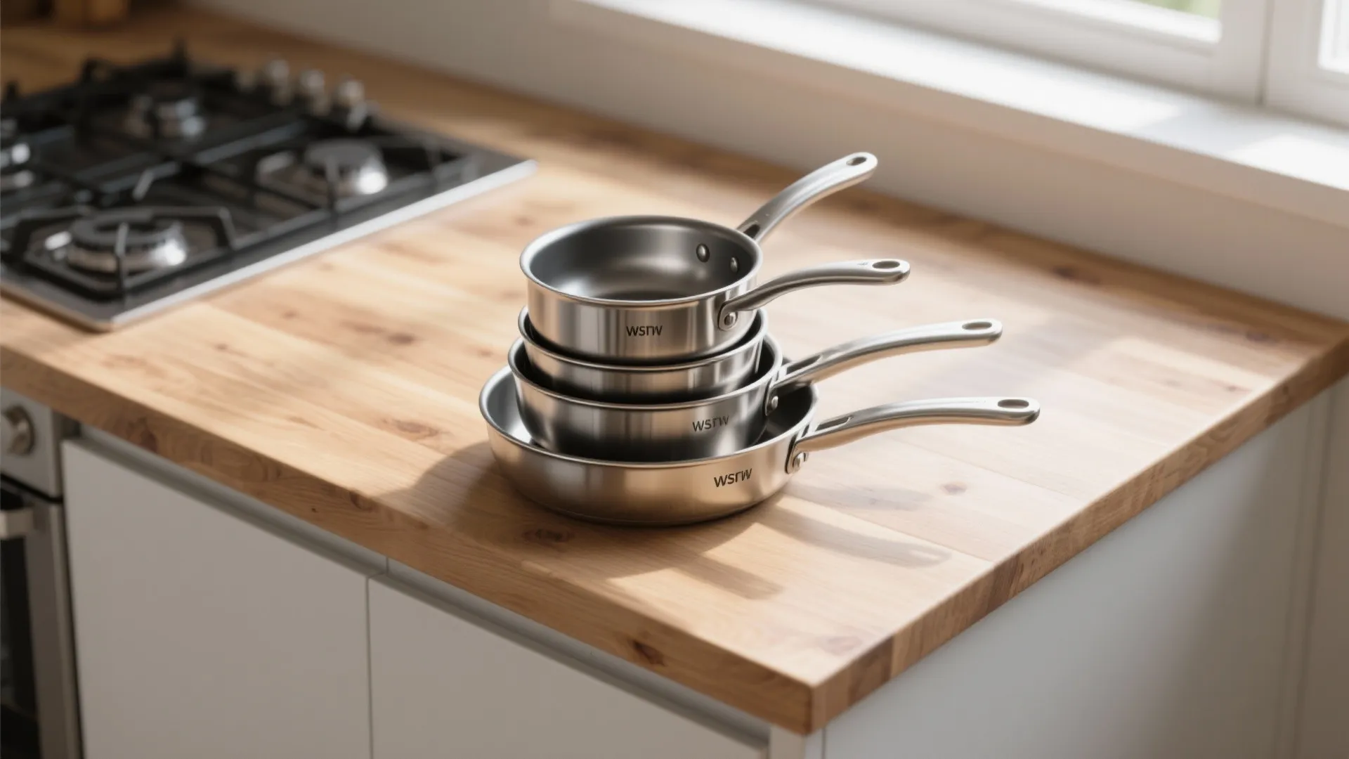Four stainless steel pans stacked neatly on a wooden kitchen countertop near a black stove