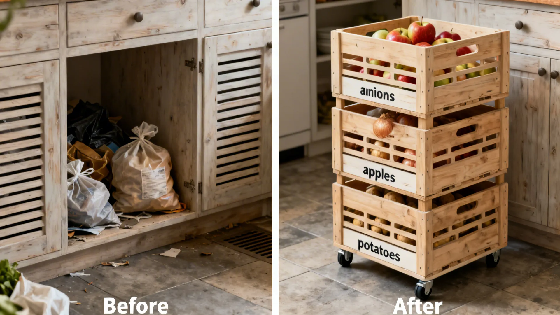 Before-and-after scene replacing a messy cabinet with ventilated stackable crates for potatoes, onions, and apples.
