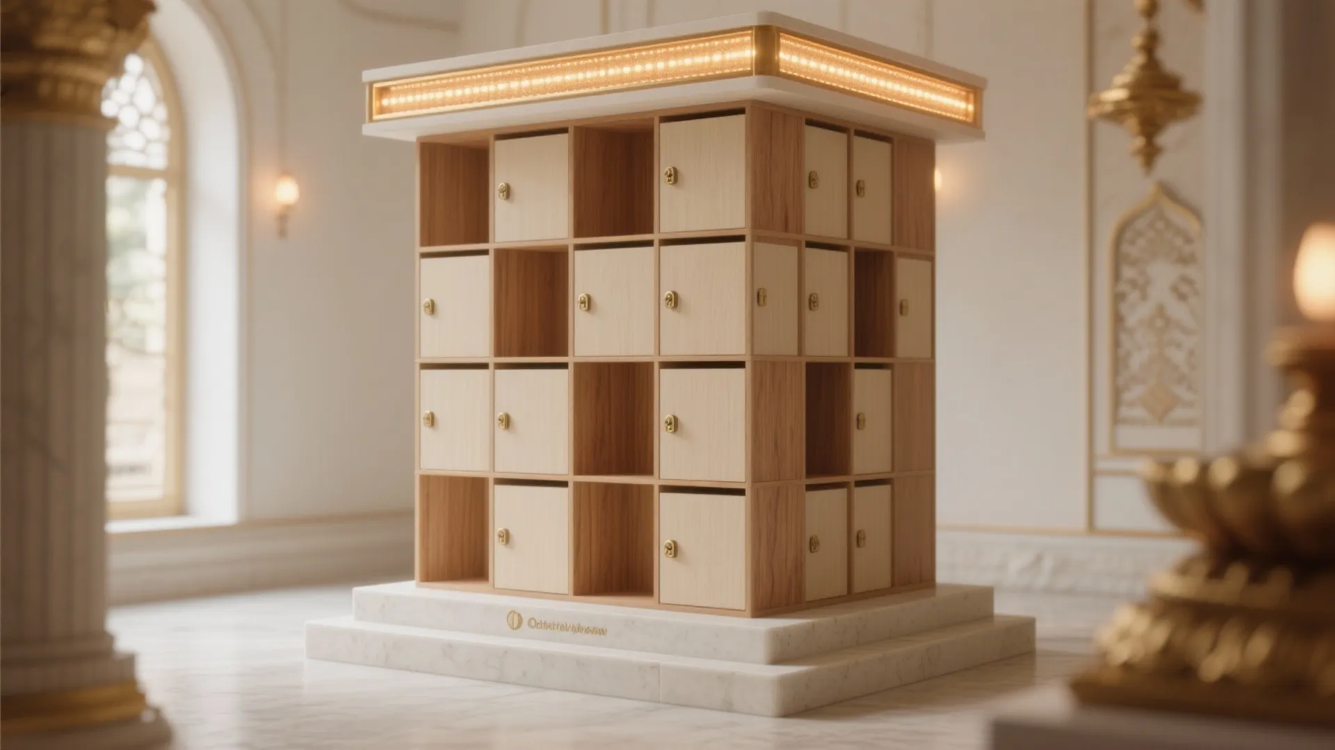 Square wooden storage cabinet with many small doors and lights standing on a white marble base