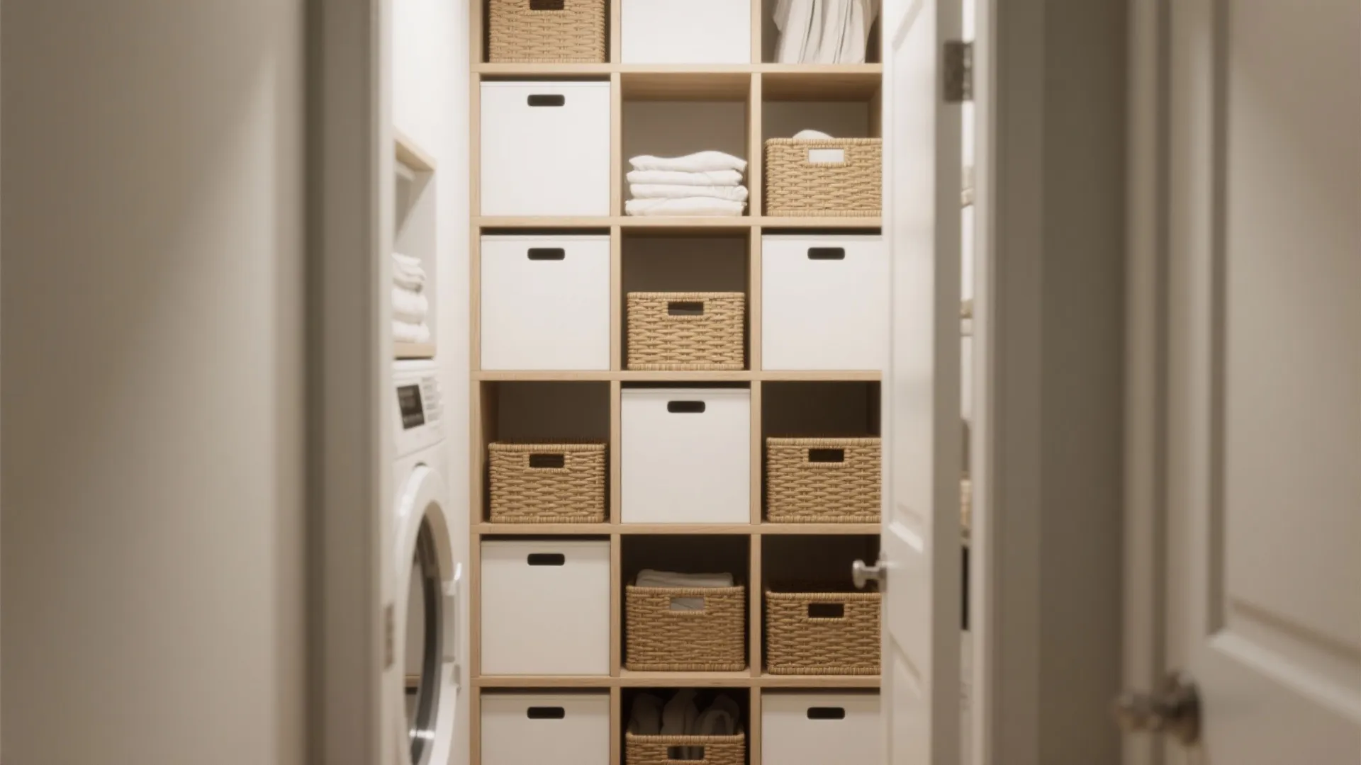 Wooden wall cabinet with white boxes and woven baskets used for organized laundry room storage space