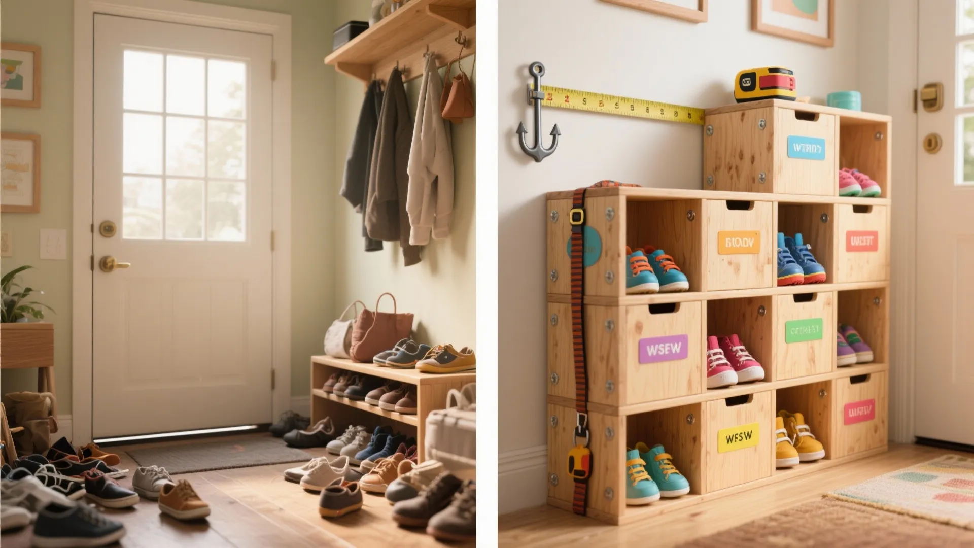 Comparison of messy entryway shoes versus organized wooden storage boxes for kids shoes and bags