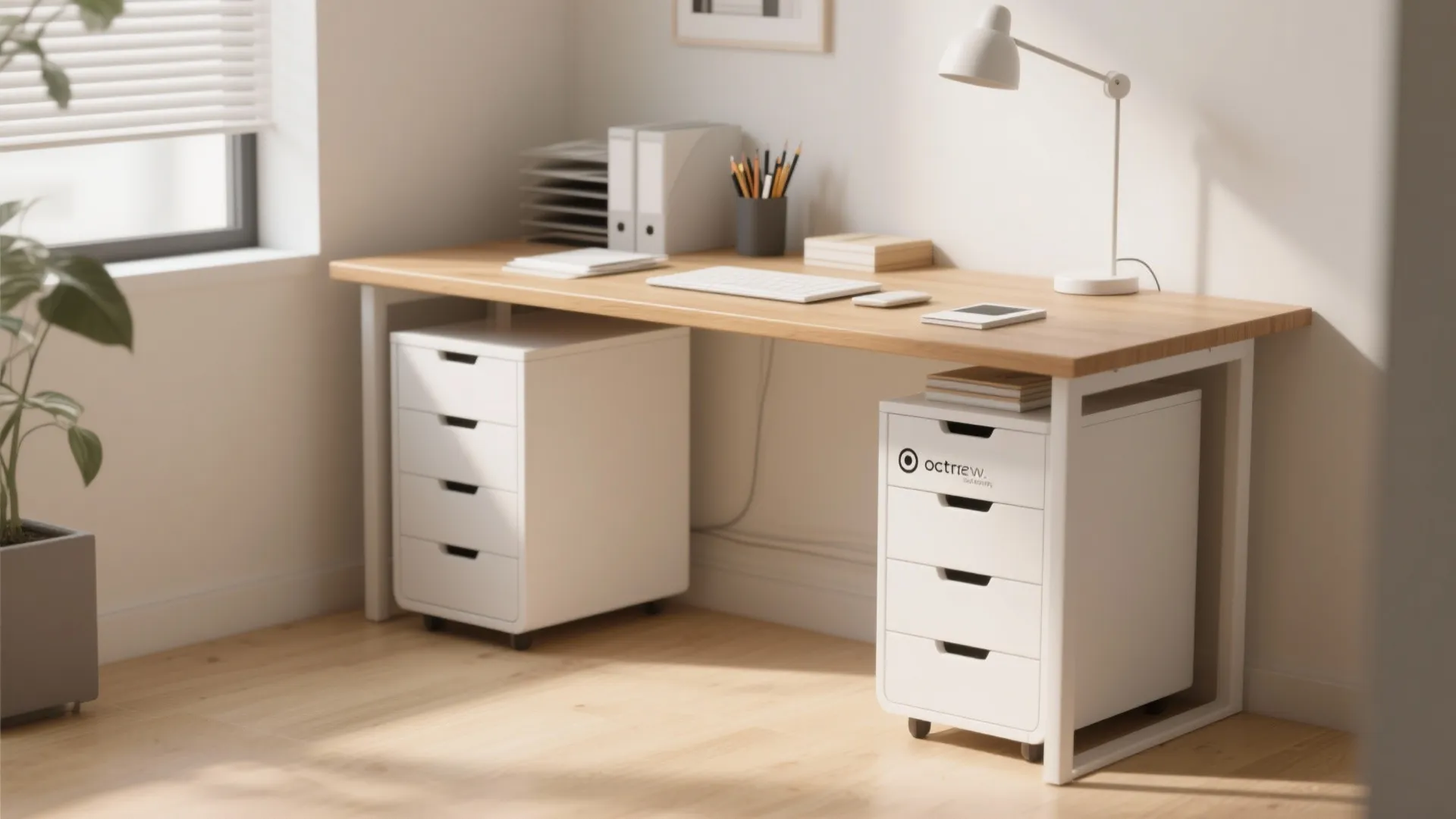 Modern wood desk with white under desk storage cabinets lamp and plant in bright home office