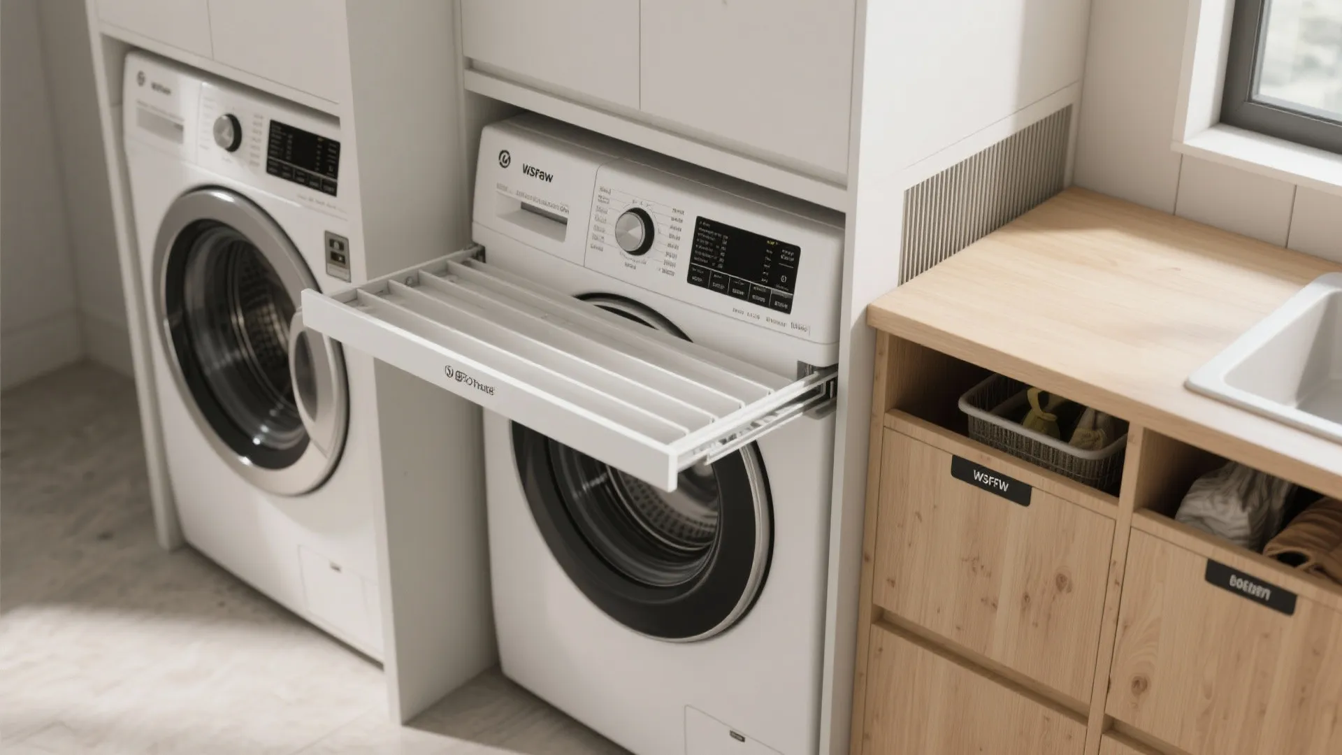 2. Stackable appliances with a fold-down shelf