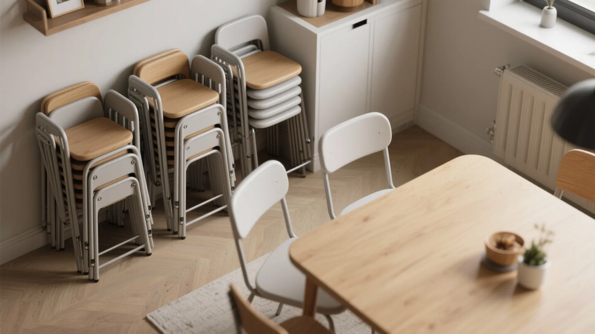 Stackable chairs with wooden seats and metal legs leaning against wall next to dining table